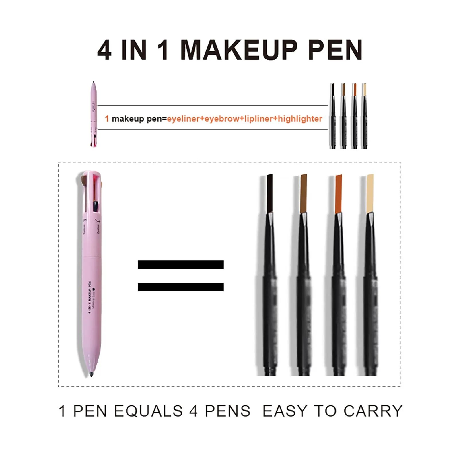 BeauFairy 4 in 1 Makeup Pen, 2 PCS, Eye Liner, Brow Liner, Lip Liner, Highlighter Pen, All in One Waterproof Long-Lasting Multi-function Beauty Pencil, Facial Easy Carry Cosmetic for Wedding (Pink)