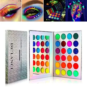 DE'LANCI Neon Eyeshadow Palette Glow in the Dark, Aurora Glow Eyeshadow Pallets Stage, Halloween Christmas Makeup Kit UV Blacklight Matte and Glitter Fluorescent Eye Shadows Highly Pigment