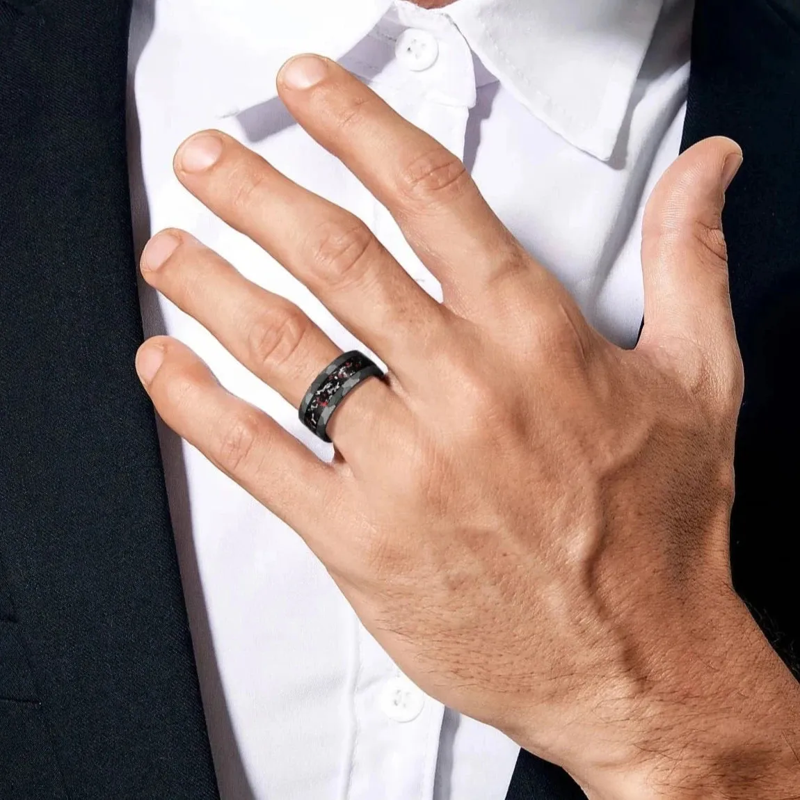Matte Black Hammered Meteorite Dinosaur Bone Tungsten Wedding Band