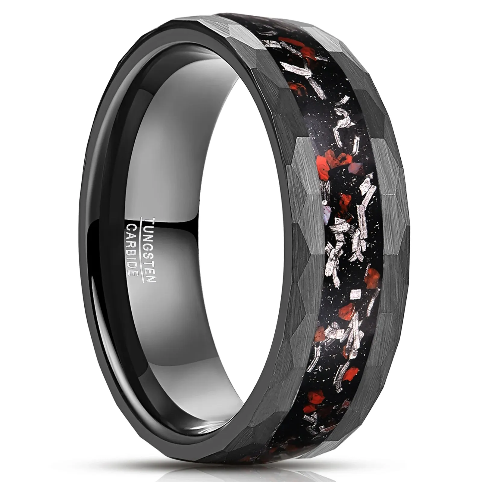 Matte Black Hammered Meteorite Dinosaur Bone Tungsten Wedding Band