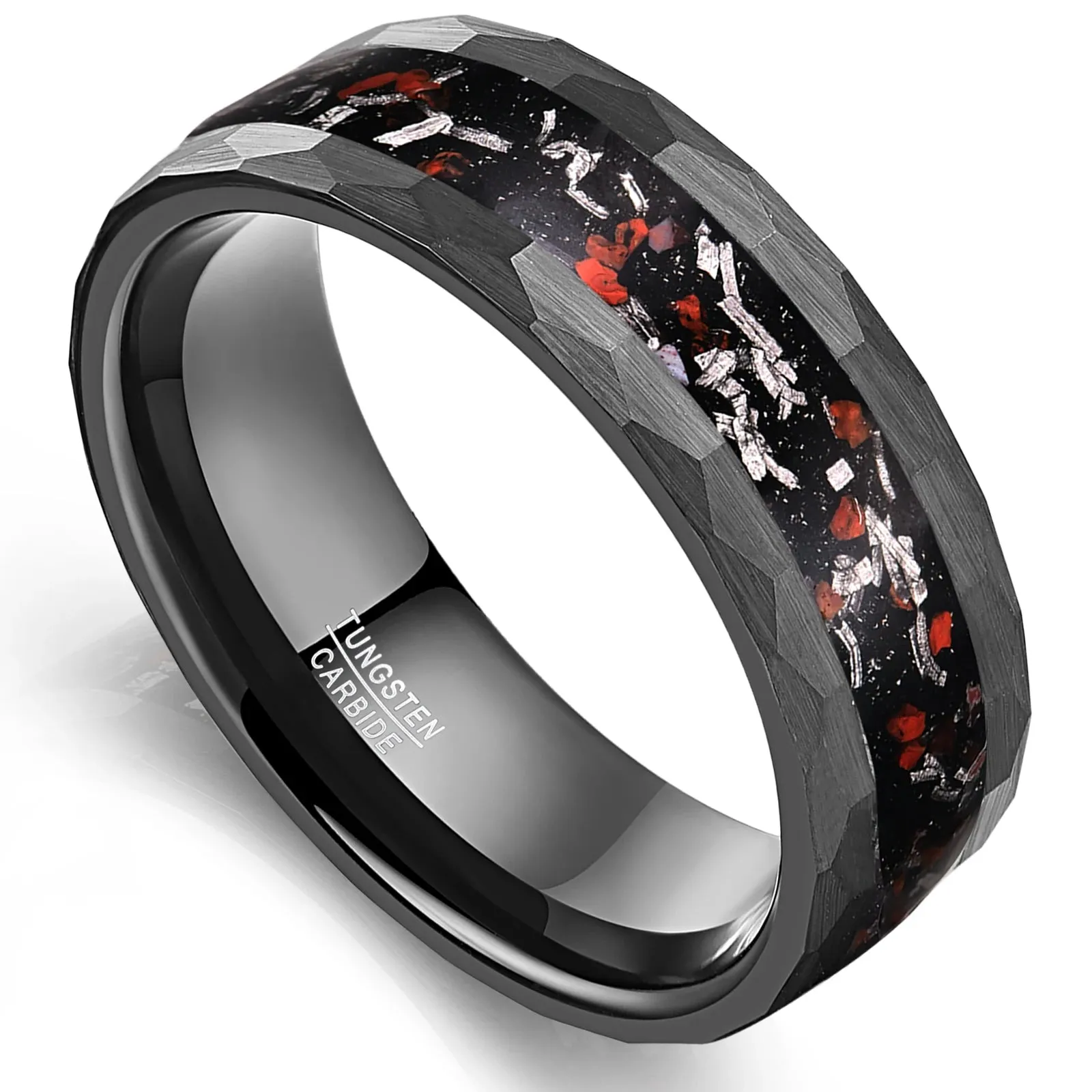 Matte Black Hammered Meteorite Dinosaur Bone Tungsten Wedding Band