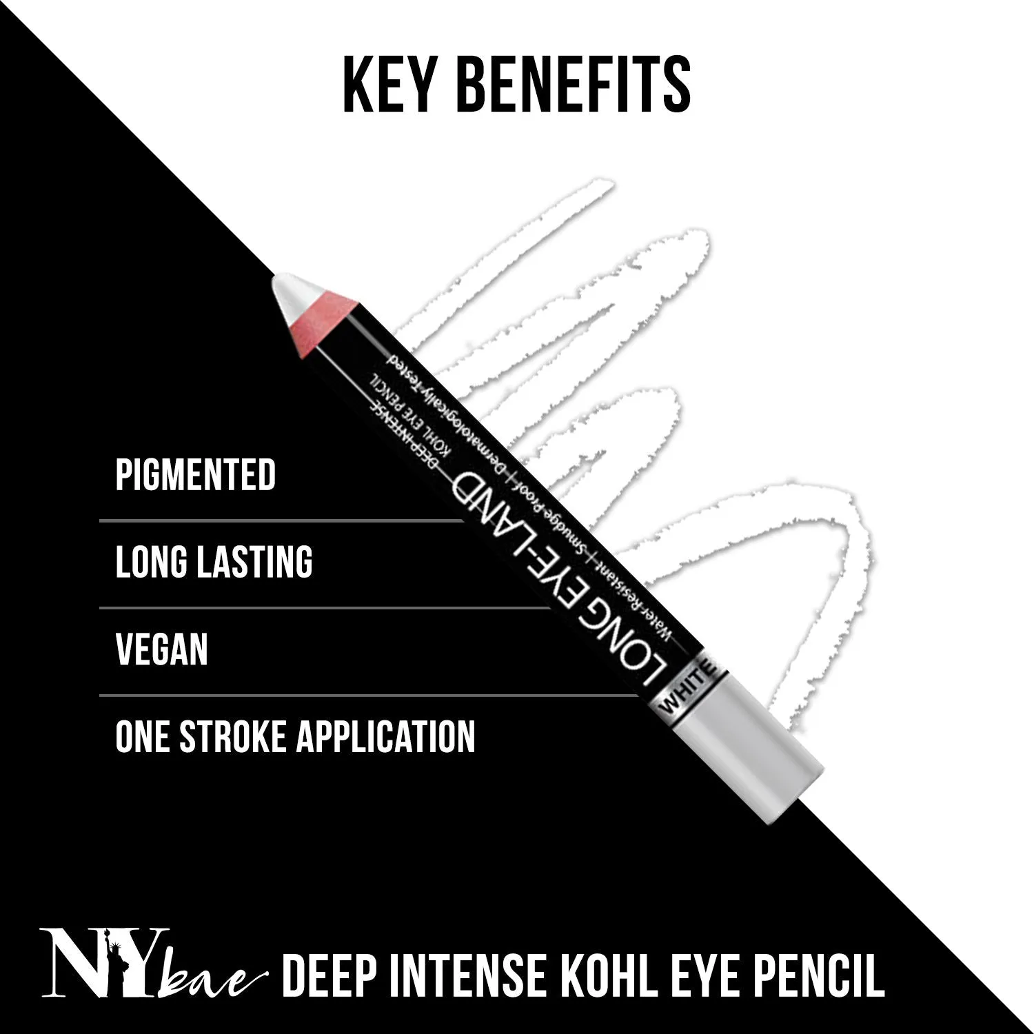 NY Bae Long Eye-Land - White (2.5 g) | Deep Intense Kohl Eye Pencil | Shimmer Finish | Enriched with Vitamin E & Castor Oil | Super Pigmented | Long lasting | One Stroke Application | Vegan