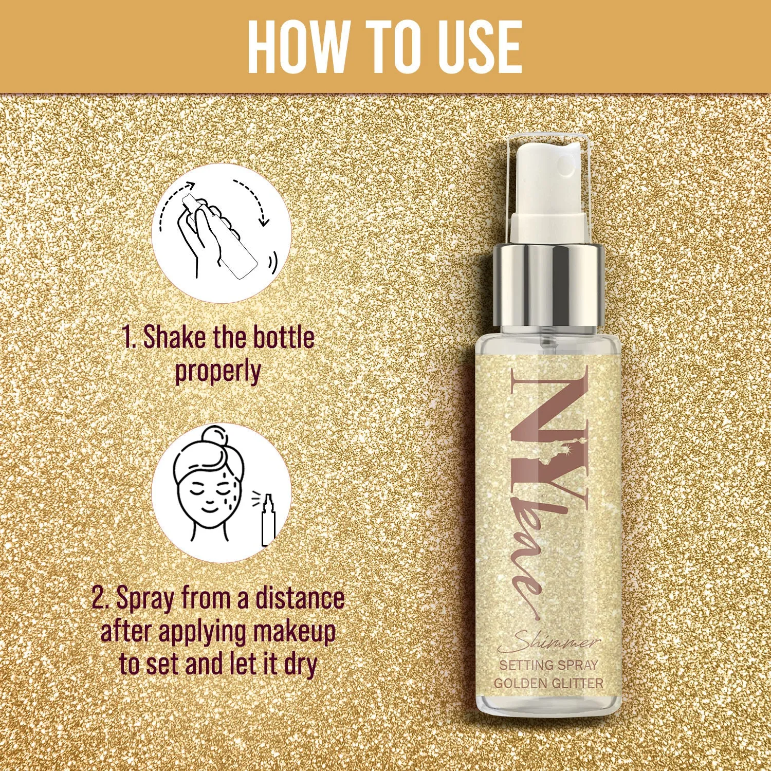 NY Bae Shimmer Setting Spray - Golden Glitter (30 ml) | Gold | All Skin Types | Sets Makeup | Long lasting | Travel Friendly